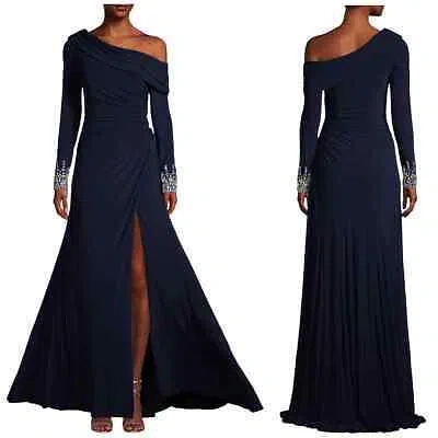 Pre-owned Mac Duggal Off-the-shoulder Jersey Gown Jewel Accented Cuff Size 10 Blue