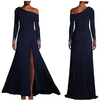 Pre-owned Mac Duggal Off-the-shoulder Jersey Gown Jewel Accented Cuff Size 6 Blue
