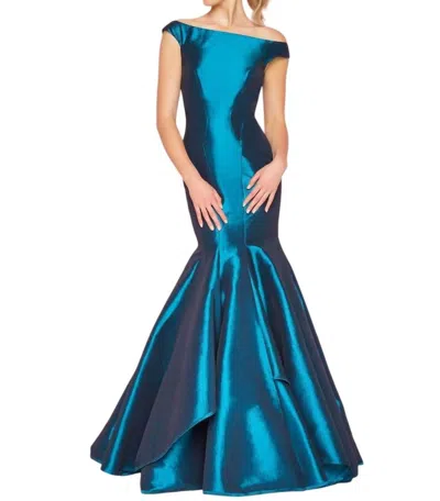 Mac Duggal Off-the-shoulder Mermaid Gown In Peacock In Blue