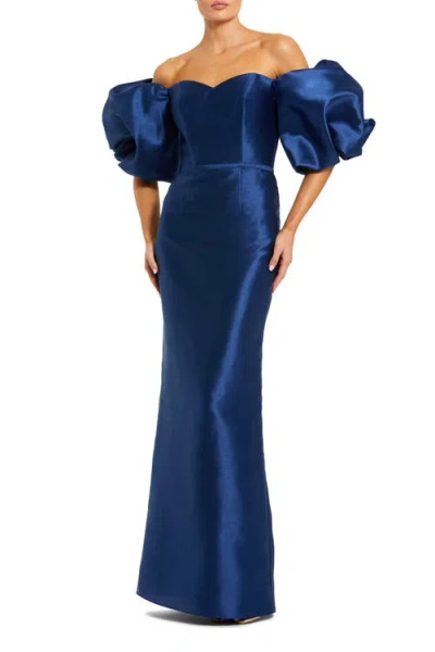 Mac Duggal Off The Shoulder Puff Sleeve Satin Evening Gown In Blue