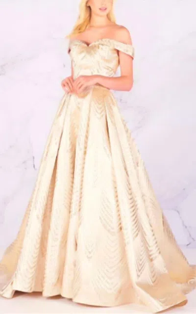 Mac Duggal Off The Shoulder Satin Ballgwon In Light Gold