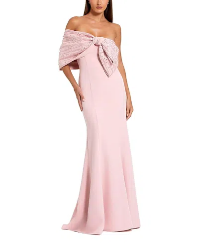 Mac Duggal Off-the-shoulder Satin Mermaid Gown With Beaded Bow Detail In Pink