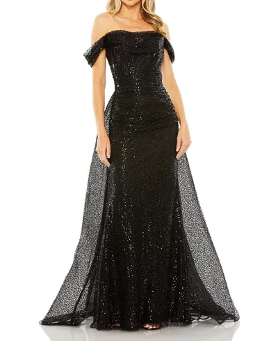 Mac Duggal Off The Shoulder Sequin Panel Train Gown In Black