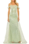 Mac Duggal Off The Shoulder Sequin Panel Train Gown In Sage