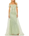 Mac Duggal Off The Shoulder Sequin Panel Train Gown In Sage