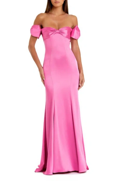 Mac Duggal Off The Shoulder Statement Bow Satin Mermaid Gown In Pink