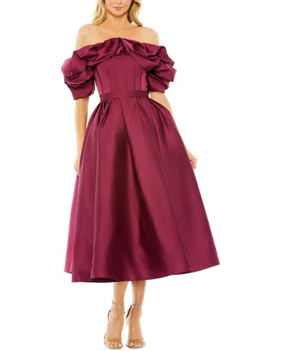 Mac Duggal Off The Shoulder Tea Length Dress In Burgundy