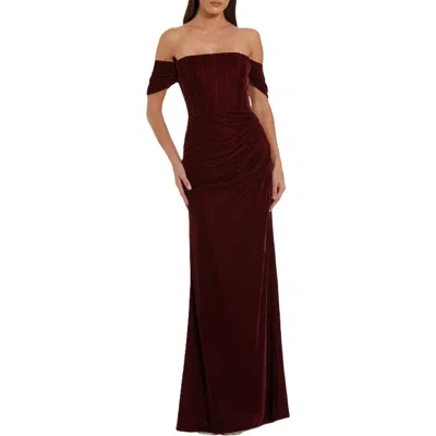 Mac Duggal Off The Shoulder Velvet Bustier Gown In Wine