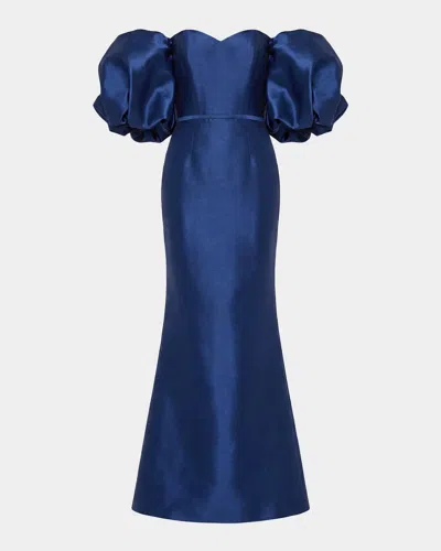 Mac Duggal Off-shoulder Satin Mermaid Gown In Blue