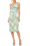 Mac Duggal Bow Front Strapless Fringe Midi Dress In Sage