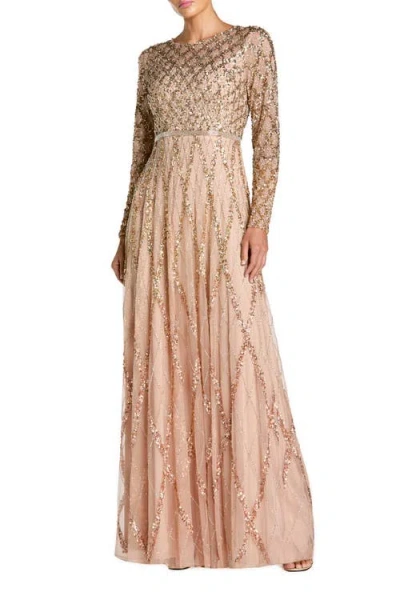 Mac Duggal Ombre Mesh Sequin Long Sleeve A Line Gown In Gold