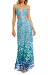 Mac Duggal Thin Strap Cut Out Gown With Ombre Sequins In Ice Blue
