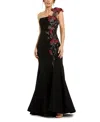 Mac Duggal One Shoulder 3d Floral Embroidery Mermaid Gown In Black Multi