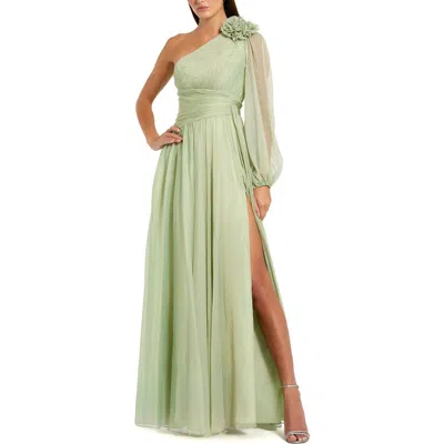 Mac Duggal One Shoulder 3d Flower Gown With Slit In Green