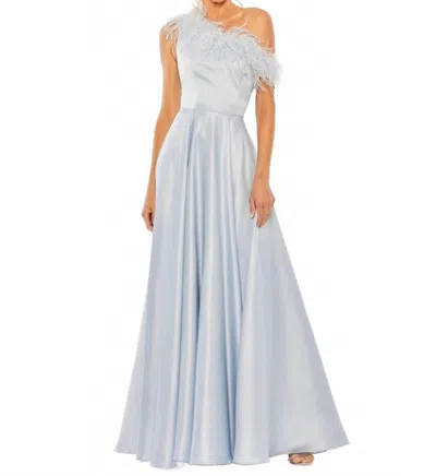 Mac Duggal Feather Trim One-shoulder Gown In Powder Blue