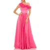Mac Duggal One Shoulder A Line Gown With Feather Detail In Hot Pink
