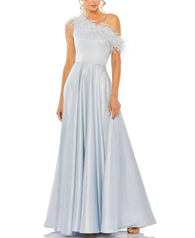 MAC DUGGAL ONE SHOULDER A LINE GOWN WITH FEATHER DETAIL