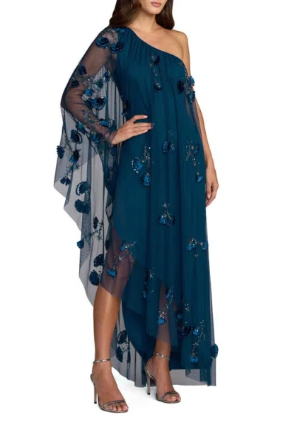 Mac Duggal One Shoulder Asymmetrical Flower Detail Net Gown In Green