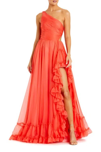 Mac Duggal One Shoulder Asymmetrical Ruffle Chiffon Gown In Orange
