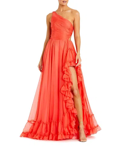 Mac Duggal One Shoulder Asymmetrical Ruffle Chiffon Gown In Orange