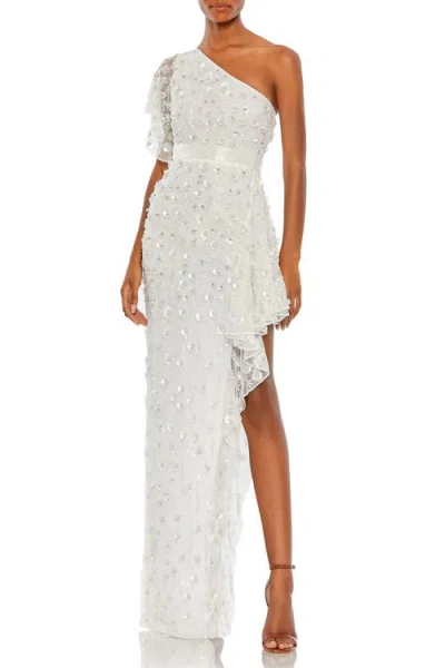 Mac Duggal One-shoulder Beaded 3d Embellishments Gown In White