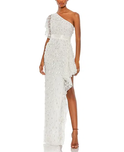 MAC DUGGAL ONE SHOULDER BEADED EMBELLISHED GOWN WITH ASYMMETRICAL HEM