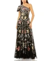 Mac Duggal Sequin Floral One-shoulder Mesh A-line Gown In Black Multi
