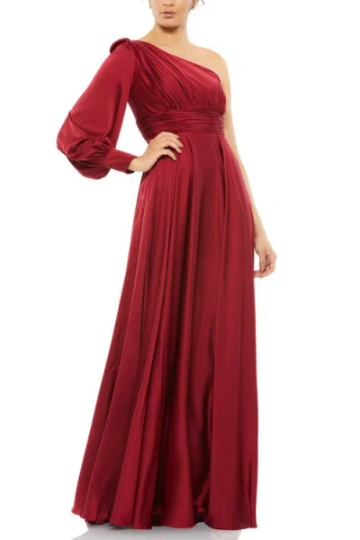 Mac Duggal One Shoulder Bishop Sleeve Flowy Gown In Red
