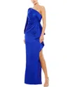 Mac Duggal One-shoulder Bishop Sleeve Gown With Ruched Waist And Thigh-high Slit In Blue