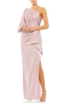 Mac Duggal One-shoulder Bishop Sleeve Gown With Ruched Waist And Thigh-high Slit In Pink