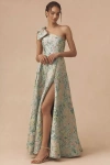 Mac Duggal One Shoulder Brocade Gown With Bow Detail