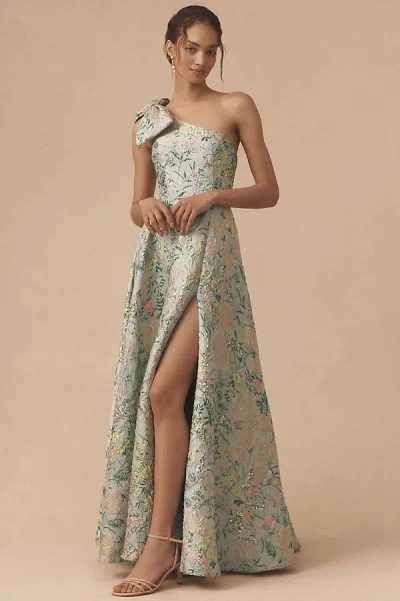 MAC DUGGAL ONE-SHOULDER BOW FLORAL BROCADE A-LINE MAXI DRESS