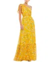 Mac Duggal One-shoulder Floral Print Chiffon A-line Gown In Yellow