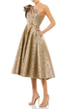 Mac Duggal One-shoulder Metallic Brocade Midi Cocktail Dress In Antique Bronze