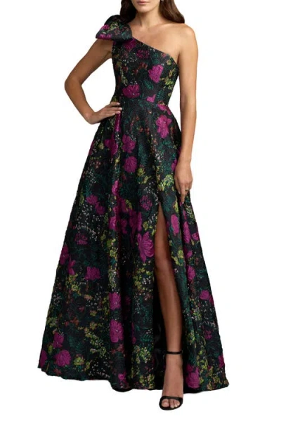 Mac Duggal Black One Shoulder Brocade Floral Gown With Bow In Multi