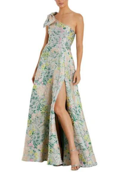 Mac Duggal One Shoulder Brocade Gown With Bow Detail In Pastel Multi