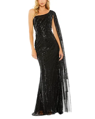 Mac Duggal One Shoulder Cape Sleeve Embellished Gown In Black
