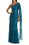 Mac Duggal One Shoulder Cape Sleeve Embellished Gown In Blue