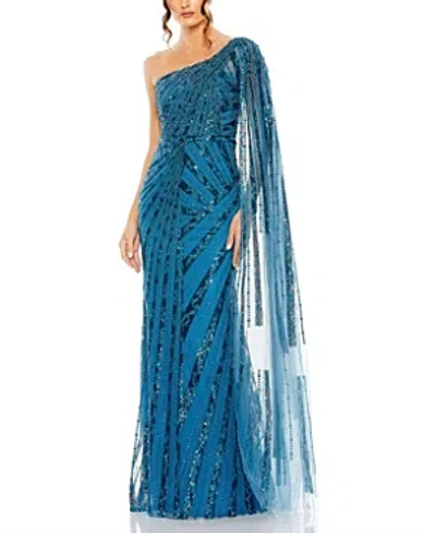 Mac Duggal One Shoulder Cape Sleeve Embellished Gown In Ocean Blue