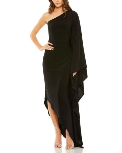 Mac Duggal One Shoulder Cape Sleeve Ruched Detail Jersey Gown In Black