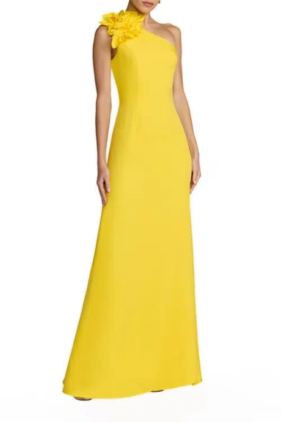 Mac Duggal One Shoulder Crepe Column Gown With Floral Detail In Yellow