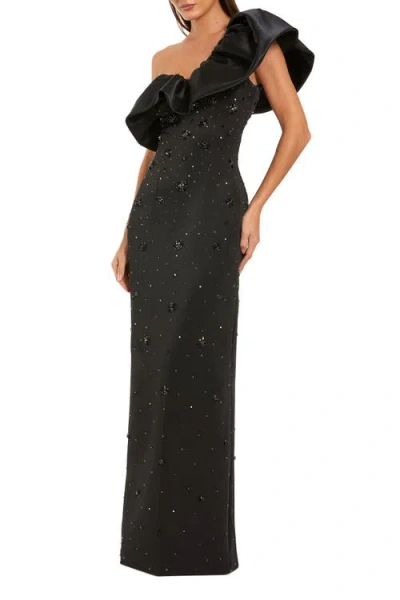 Mac Duggal One Shoulder Crepe Crystal Embellished Gown In Black