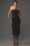 Mac Duggal Crepe One Shoulder Midi Dress With Flower In Black