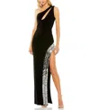 Mac Duggal One Shoulder Cut Out Mirror Sequin High Slit Gown In Black