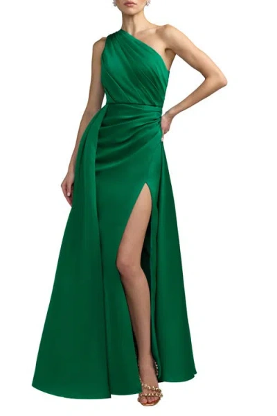 Mac Duggal One Shoulder Draped Satin Gown With Overskirt In Green