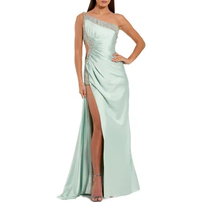 Mac Duggal One Shoulder Embellished Cut Out Slit Gown In Green