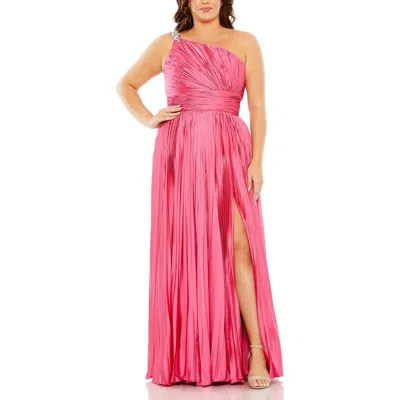 Mac Duggal One Shoulder Embellished Pleated Sleeveless Gown In Hot Pink
