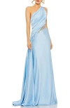 Mac Duggal One Shoulder Embellished Satin Gown In Powder Blue