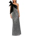 Mac Duggal One Shoulder Embellished Sequin Gown With Bow In Black