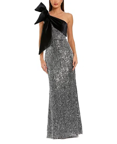 MAC DUGGAL ONE SHOULDER EMBELLISHED SEQUIN GOWN WITH BOW